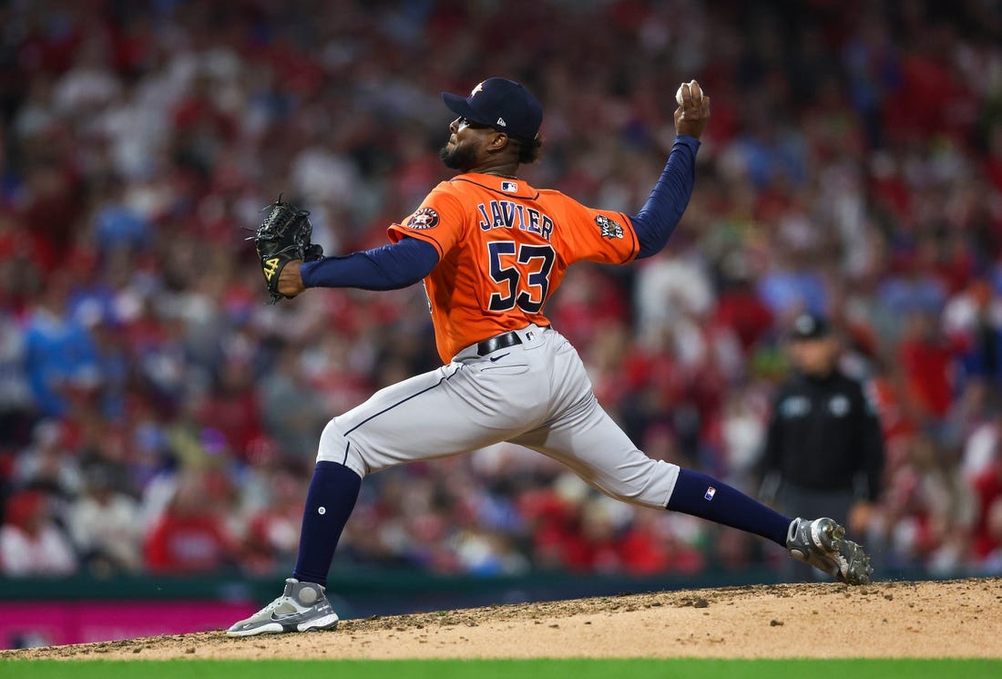 Nov 2, 2022; Philadelphia, Pennsylvania, USA; Houston Astros starting pitcher Cristian Javier (53) pitches against the Philadelphia Phillies during the fifth inning in game four of the 2022 World Series at Citizens Bank Park. Mandatory Credit: Bill Streicher-USA TODAY Sports