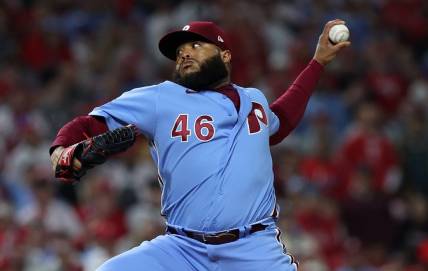 Nov 3, 2022; Philadelphia, Pennsylvania, USA; Philadelphia Phillies relief pitcher Jose Alvarado (46) throws a pitch against the Houston Astros during the sixth inning in game five of the 2022 World Series at Citizens Bank Park. Mandatory Credit: Bill Streicher-USA TODAY Sports