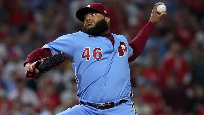 Nov 3, 2022; Philadelphia, Pennsylvania, USA; Philadelphia Phillies relief pitcher Jose Alvarado (46) throws a pitch against the Houston Astros during the sixth inning in game five of the 2022 World Series at Citizens Bank Park. Mandatory Credit: Bill Streicher-USA TODAY Sports