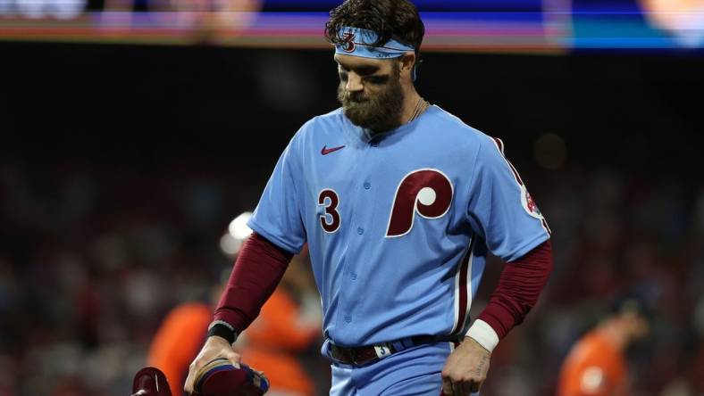 Nov 3, 2022; Philadelphia, Pennsylvania, USA; Philadelphia Phillies designated hitter Bryce Harper (3) reacts against the Houston Astros after the ninth inning in game five of the 2022 World Series at Citizens Bank Park. Mandatory Credit: Bill Streicher-USA TODAY Sports