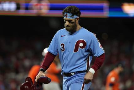 Nov 3, 2022; Philadelphia, Pennsylvania, USA; Philadelphia Phillies designated hitter Bryce Harper (3) reacts against the Houston Astros after the ninth inning in game five of the 2022 World Series at Citizens Bank Park. Mandatory Credit: Bill Streicher-USA TODAY Sports