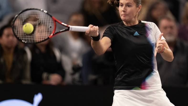 Nov 5, 2022; Forth Worth, TX, USA; Daria Kasatkina returns a shot during her match against Caroline Garcia (FRA) on day six of the WTA Finals at Dickies Arena. Mandatory Credit: Susan Mullane-USA TODAY Sports