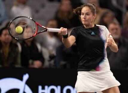 Nov 5, 2022; Forth Worth, TX, USA; Daria Kasatkina returns a shot during her match against Caroline Garcia (FRA) on day six of the WTA Finals at Dickies Arena. Mandatory Credit: Susan Mullane-USA TODAY Sports