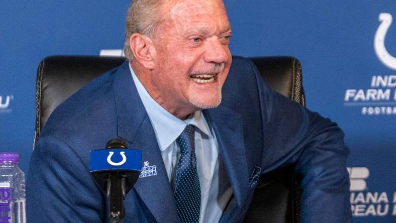 Colts owner Jim Irsay smiles on Monday, Nov. 7, 2022, during a press conference at the Colts headquarters in Indianapolis.