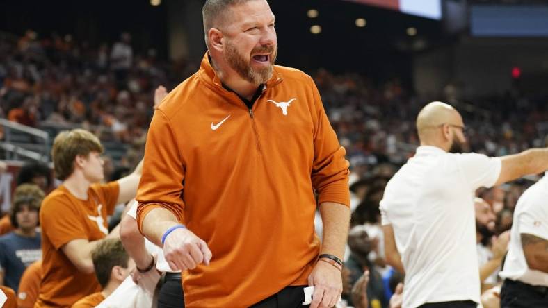 Nov 10, 2022; Austin, Texas, USA; Texas Longhorns head coach Chris Beard argues a call during the first half against the Houston Christian Huskies at Moody Center. Mandatory Credit: Scott Wachter-USA TODAY Sports