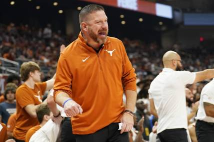 Nov 10, 2022; Austin, Texas, USA; Texas Longhorns head coach Chris Beard argues a call during the first half against the Houston Christian Huskies at Moody Center. Mandatory Credit: Scott Wachter-USA TODAY Sports