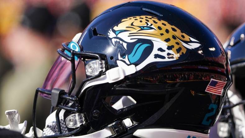 Nov 13, 2022; Kansas City, Missouri, USA; A detail view of a Jacksonville Jaguars helmet against the Kansas City Chiefs during the first half of the game at GEHA Field at Arrowhead Stadium. Mandatory Credit: Denny Medley-USA TODAY Sports