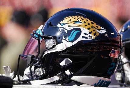 Nov 13, 2022; Kansas City, Missouri, USA; A detail view of a Jacksonville Jaguars helmet against the Kansas City Chiefs during the first half of the game at GEHA Field at Arrowhead Stadium. Mandatory Credit: Denny Medley-USA TODAY Sports