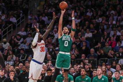 Nov 5, 2022; New York, New York, USA;  Boston Celtics forward Jayson Tatum (0) and New York Knicks forward Julius Randle (30) at Madison Square Garden. Mandatory Credit: Wendell Cruz-USA TODAY Sports