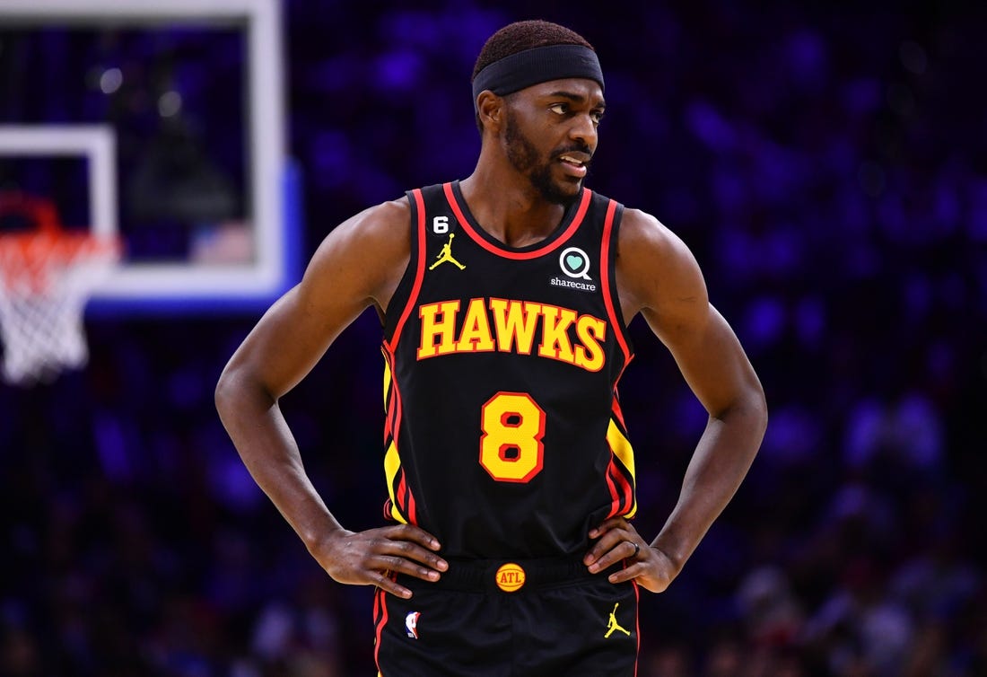 Nov 12, 2022; Philadelphia, Pennsylvania, USA; Atlanta Hawks forward Justin Holiday (8) looks on against the Philadelphia 76ers in the third quarter at Wells Fargo Center. Mandatory Credit: Kyle Ross-USA TODAY Sports