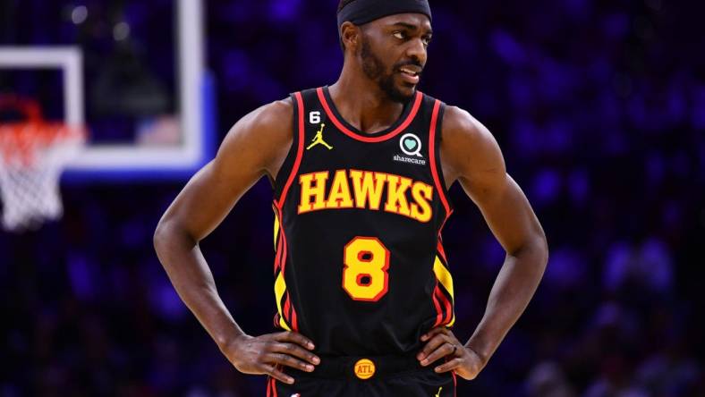 Nov 12, 2022; Philadelphia, Pennsylvania, USA; Atlanta Hawks forward Justin Holiday (8) looks on against the Philadelphia 76ers in the third quarter at Wells Fargo Center. Mandatory Credit: Kyle Ross-USA TODAY Sports