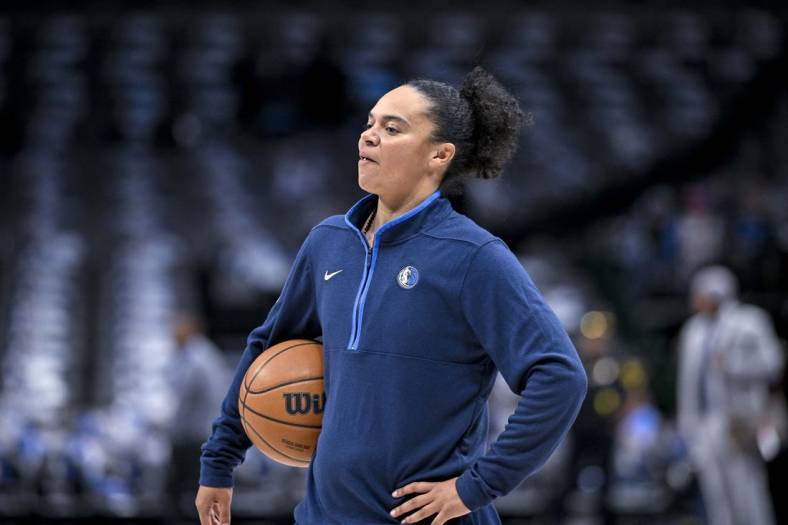 Nov 20, 2022; Dallas, Texas, USA; Dallas Mavericks assistant coach Kristi Toliver before the game between the Dallas Mavericks and the Denver Nuggets at the American Airlines Center. Mandatory Credit: Jerome Miron-USA TODAY Sports