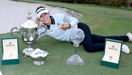 Lydia Ko with all her player awards after winning the 2022 CME Group Tour Golf Championship at the Tiburon Golf Club in Naples, Fla., Sunday, Nov. 20, 2022.  (Chris Tilley)

Lpga 13
