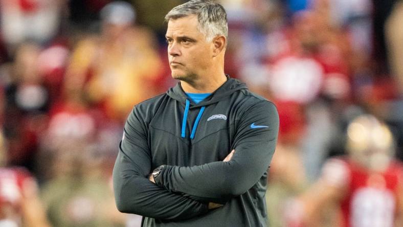 November 13, 2022; Santa Clara, California, USA; Los Angeles Chargers offensive coordinator Joe Lombardi before the game against the San Francisco 49ers at Levi's Stadium. Mandatory Credit: Kyle Terada-USA TODAY Sports