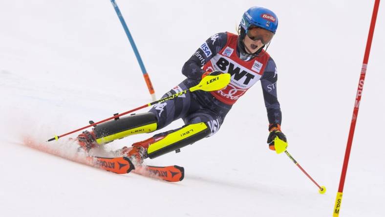 Nov 27, 2022; Killington, Vermont, USA; Mikaela Shiffrin of the United States during the first run of the slalom race in the FIS alpine skiing World Cup at Killington Resort. Mandatory Credit: Erich Schlegel-USA TODAY Sports