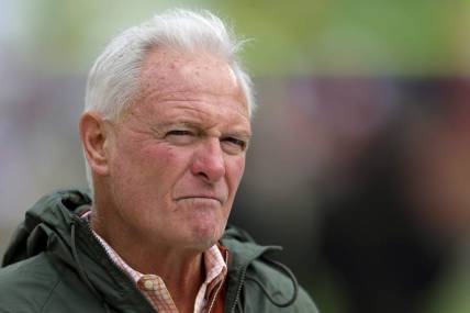Browns owner Jimmy Haslam watches the team warm up before a game against the Tampa Bay Buccaneers, Sunday, Nov. 27, 2022, in Cleveland.

Jimmyhaslampre