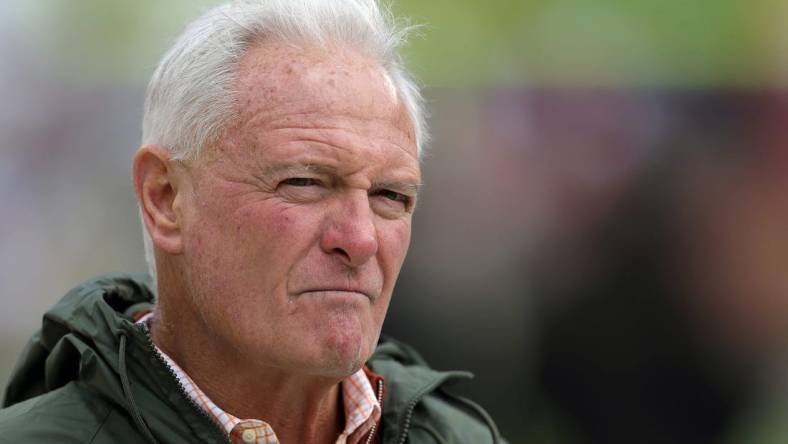 Browns owner Jimmy Haslam watches the team warm up before a game against the Tampa Bay Buccaneers, Sunday, Nov. 27, 2022, in Cleveland.

Jimmyhaslampre