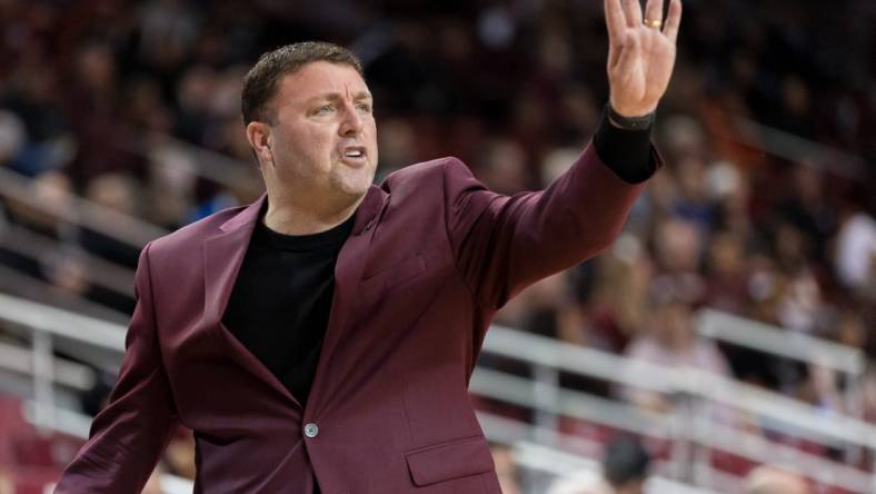 NMSU head basketball coach Greg Heiar reacts at a game against UTEP on Wednesday, Nov. 30, 2022, at the Pan American Center in Las Cruces, New Mexico.

Utep Men S Basketball Vs Nmsu At The Pan American Center