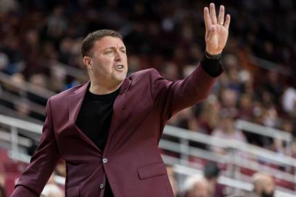 NMSU head basketball coach Greg Heiar reacts at a game against UTEP on Wednesday, Nov. 30, 2022, at the Pan American Center in Las Cruces, New Mexico.

Utep Men S Basketball Vs Nmsu At The Pan American Center