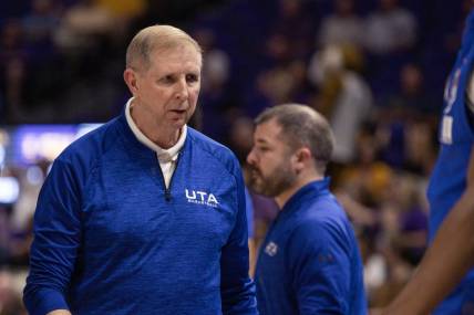 Dec 2, 2022; Baton Rouge, Louisiana, USA;  Texas-Arlington Mavericks head coach Greg Young reacts to a play against the LSU Tigers during the first half at Pete Maravich Assembly Center. Mandatory Credit: Stephen Lew-USA TODAY Sports