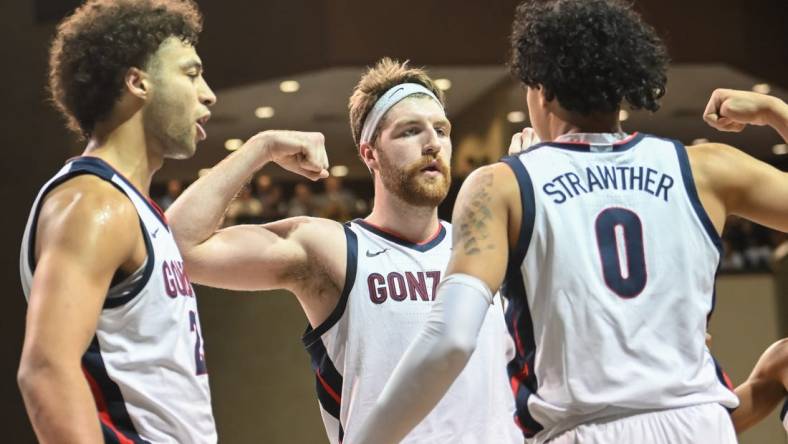 Dec 2, 2022; Sioux Falls, South Dakota, USA;  Gonzaga Bulldogs guard Julian Strawther (0) reacts with forward Drew Timme (2) and forward Anton Watson (22) after a basket against the Baylor Bears in the second half at Sanford Pentagon. Mandatory Credit: Steven Branscombe-USA TODAY Sports