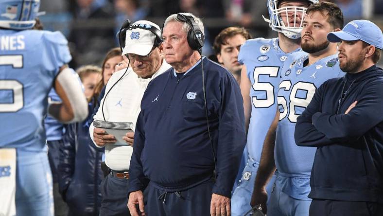 North Carolina Coach Mack Brown watches action against Clemson during the third quarter of the ACC Championship football game at Bank of America Stadium in Charlotte, North Carolina Saturday, Dec 3, 2022.

Clemson Tigers Football Vs North Carolina Tar Heels Acc Championship Charlotte Nc