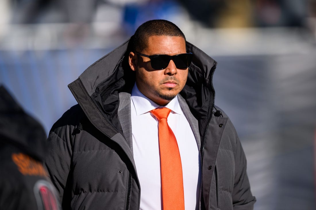 Dec 4, 2022; Chicago, Illinois, USA; Chicago Bears general manager Ryan Poles looks on before the game against the Green Bay Packers at Soldier Field. Mandatory Credit: Daniel Bartel-USA TODAY Sports