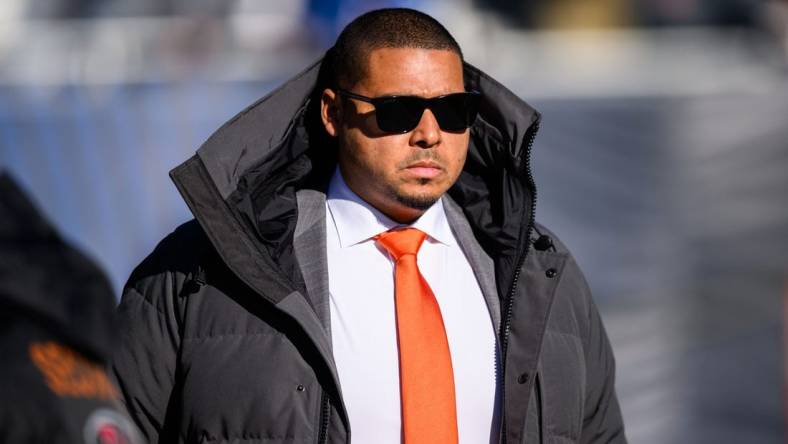 Dec 4, 2022; Chicago, Illinois, USA; Chicago Bears general manager Ryan Poles looks on before the game against the Green Bay Packers at Soldier Field. Mandatory Credit: Daniel Bartel-USA TODAY Sports