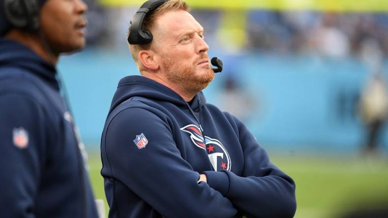 Dec 11, 2022; Nashville, Tennessee, USA; Tennessee Titans offensive coordinator Todd Downing looks on from the sideline during the second half against the Jacksonville Jaguars at Nissan Stadium. Mandatory Credit: Christopher Hanewinckel-USA TODAY Sports