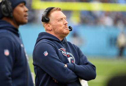 Dec 11, 2022; Nashville, Tennessee, USA; Tennessee Titans offensive coordinator Todd Downing looks on from the sideline during the second half against the Jacksonville Jaguars at Nissan Stadium. Mandatory Credit: Christopher Hanewinckel-USA TODAY Sports