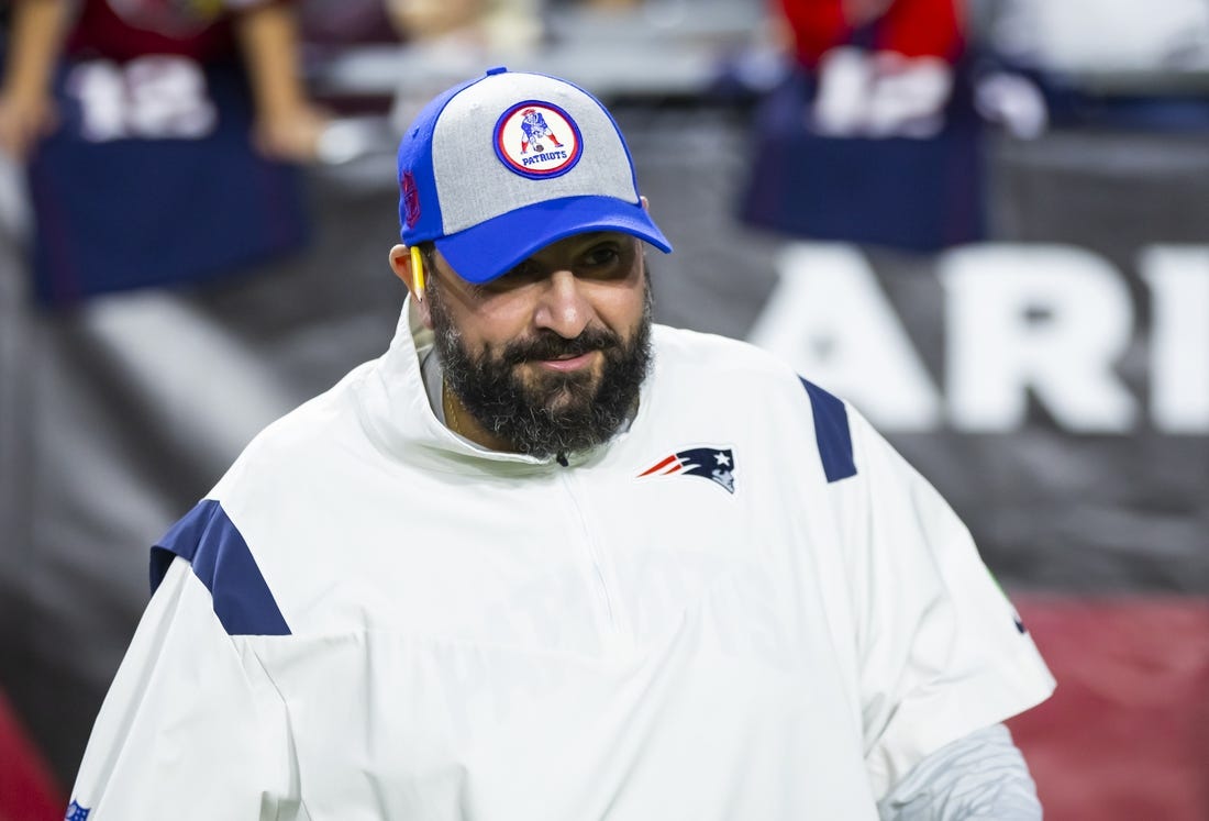 Dec 12, 2022; Glendale, Arizona, USA; New England Patriots offensive line coach Matt Patricia against the Arizona Cardinals at State Farm Stadium. Mandatory Credit: Mark J. Rebilas-USA TODAY Sports