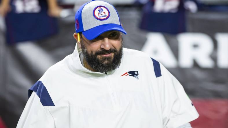 Dec 12, 2022; Glendale, Arizona, USA; New England Patriots offensive line coach Matt Patricia against the Arizona Cardinals at State Farm Stadium. Mandatory Credit: Mark J. Rebilas-USA TODAY Sports