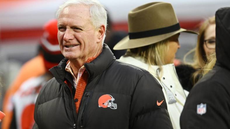 Dec 17, 2022; Cleveland, Ohio, USA; Cleveland Browns managing and principal partner Jimmy Haslam walks on the sideline before the game between the Cleveland Browns and the Baltimore Ravens at FirstEnergy Stadium. Mandatory Credit: Ken Blaze-USA TODAY Sports