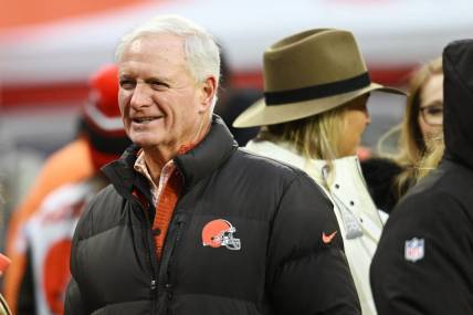 Dec 17, 2022; Cleveland, Ohio, USA; Cleveland Browns managing and principal partner Jimmy Haslam walks on the sideline before the game between the Cleveland Browns and the Baltimore Ravens at FirstEnergy Stadium. Mandatory Credit: Ken Blaze-USA TODAY Sports