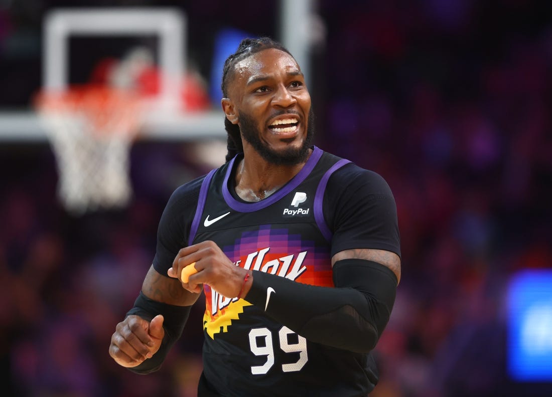 Mar 27, 2022; Phoenix, Arizona, USA; Phoenix Suns forward Jae Crowder (99) against the Philadelphia 76ers at Footprint Center. Mandatory Credit: Mark J. Rebilas-USA TODAY Sports