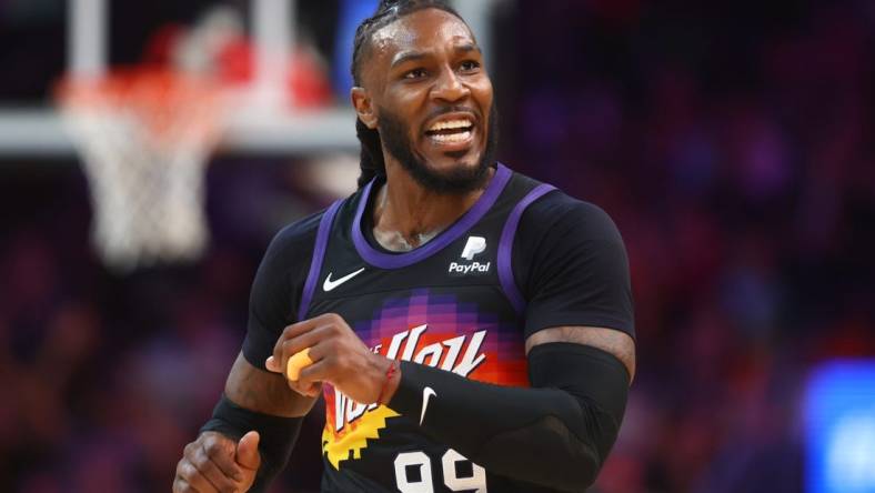 Mar 27, 2022; Phoenix, Arizona, USA; Phoenix Suns forward Jae Crowder (99) against the Philadelphia 76ers at Footprint Center. Mandatory Credit: Mark J. Rebilas-USA TODAY Sports