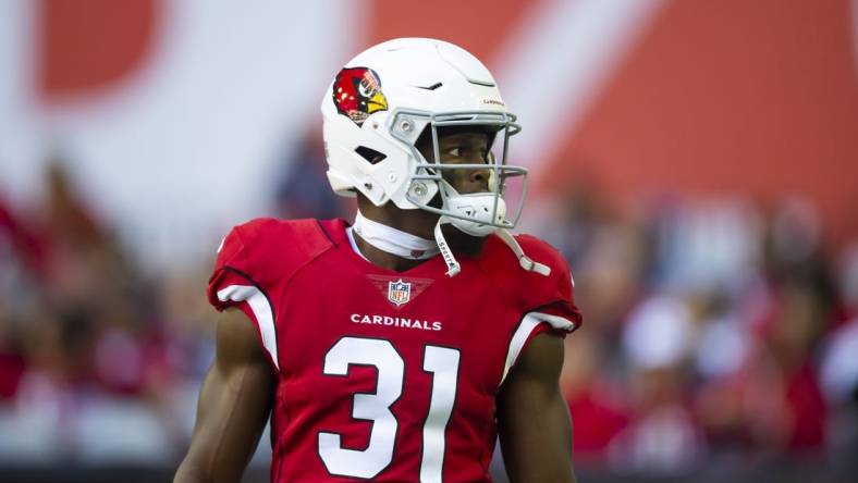 Nov 27, 2022; Glendale, Arizona, USA; Arizona Cardinals safety Chris Banjo (31) against the Los Angeles Chargers at State Farm Stadium. Mandatory Credit: Mark J. Rebilas-USA TODAY Sports