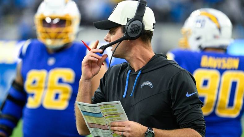 Dec 18, 2022; Inglewood, California, USA; Los Angeles Chargers head coach Brandon Staley during the fourth quarter during an NFL game against the Tennessee Titans at SoFi Stadium. Mandatory Credit: Robert Hanashiro-USA TODAY Sports