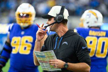 Dec 18, 2022; Inglewood, California, USA; Los Angeles Chargers head coach Brandon Staley during the fourth quarter during an NFL game against the Tennessee Titans at SoFi Stadium. Mandatory Credit: Robert Hanashiro-USA TODAY Sports