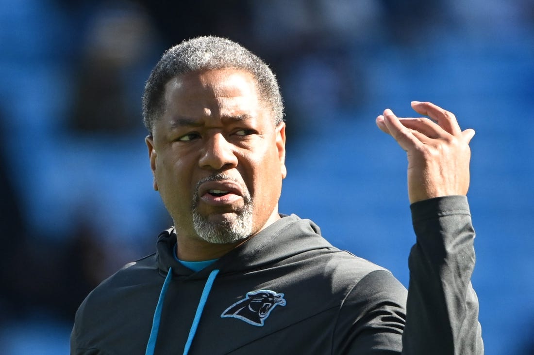 Dec 18, 2022; Charlotte, North Carolina, USA; Carolina Panthers head coach Steve Wilks during warm ups at Bank of America Stadium. Mandatory Credit: Bob Donnan-USA TODAY Sports