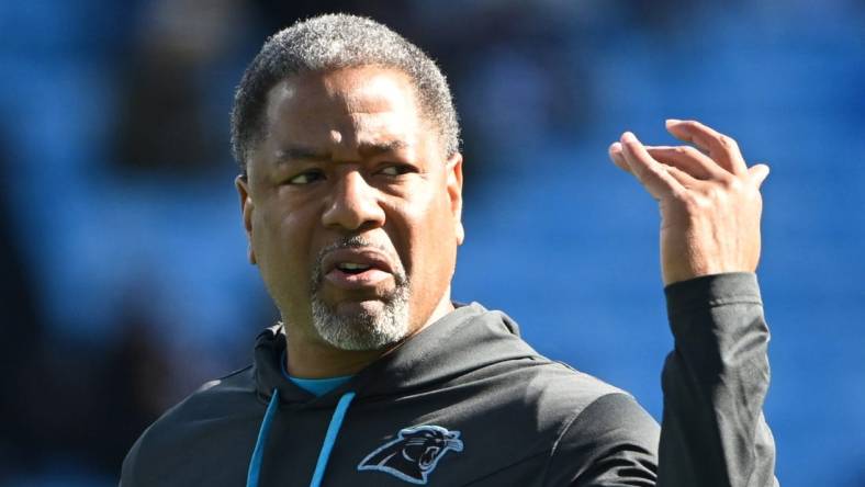 Dec 18, 2022; Charlotte, North Carolina, USA; Carolina Panthers head coach Steve Wilks during warm ups at Bank of America Stadium. Mandatory Credit: Bob Donnan-USA TODAY Sports