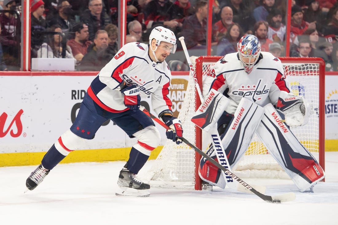 Dec 22, 2022; Ottawa, Ontario, CAN; Washington Capitals defenseman Dmitry Orlov (9) skates with the puck in the first period against the Ottawa Senators at the Canadian Tire Centre. Mandatory Credit: Marc DesRosiers-USA TODAY Sports