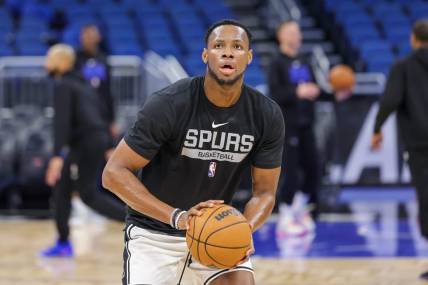 Dec 23, 2022; Orlando, Florida, USA; San Antonio Spurs center Charles Bassey (28) warms up before the game against the Orlando Magic at Amway Center. Mandatory Credit: Mike Watters-USA TODAY Sports