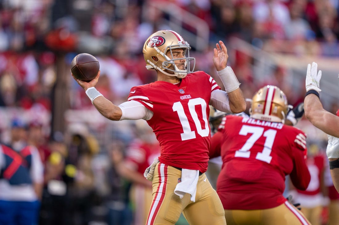 November 27, 2022; Santa Clara, California, USA; San Francisco 49ers quarterback Jimmy Garoppolo (10) during the second quarter against the New Orleans Saints at Levi's Stadium. Mandatory Credit: Kyle Terada-USA TODAY Sports