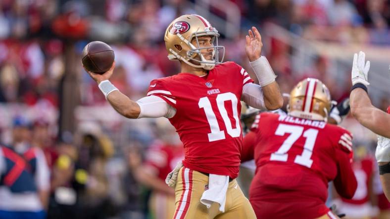 November 27, 2022; Santa Clara, California, USA; San Francisco 49ers quarterback Jimmy Garoppolo (10) during the second quarter against the New Orleans Saints at Levi's Stadium. Mandatory Credit: Kyle Terada-USA TODAY Sports