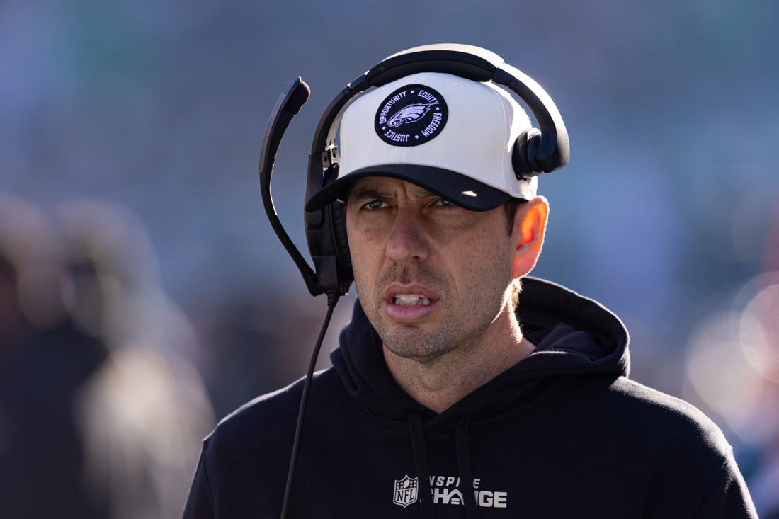 Jan 1, 2023; Philadelphia, Pennsylvania, USA; Philadelphia Eagles offensive coordinator Shane Steichen looks on during the first quarter against the New Orleans Saints at Lincoln Financial Field. Mandatory Credit: Bill Streicher-USA TODAY Sports