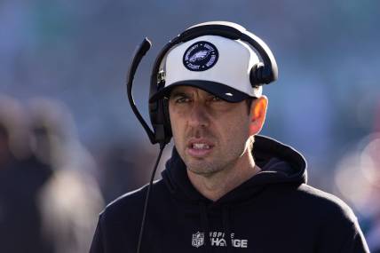 Jan 1, 2023; Philadelphia, Pennsylvania, USA; Philadelphia Eagles offensive coordinator Shane Steichen looks on during the first quarter against the New Orleans Saints at Lincoln Financial Field. Mandatory Credit: Bill Streicher-USA TODAY Sports