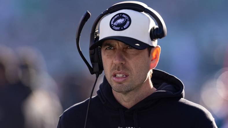 Jan 1, 2023; Philadelphia, Pennsylvania, USA; Philadelphia Eagles offensive coordinator Shane Steichen looks on during the first quarter against the New Orleans Saints at Lincoln Financial Field. Mandatory Credit: Bill Streicher-USA TODAY Sports