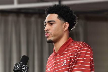Jan 02, 2023; Tuscaloosa, AL, USA;  Bryce Young announces his intention to enter the NFL draft during a press conference for University of Alabama juniors to announce their intentions.

Ncaa Football Ua Juniors Announce For Nfl