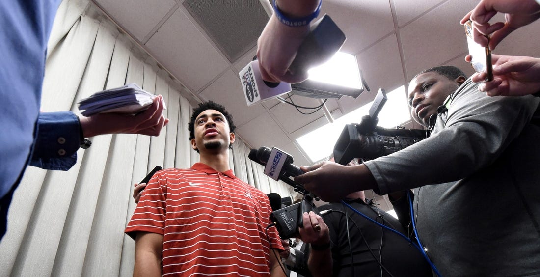 Jan 02, 2023; Tuscaloosa, AL, USA;  Bryce Young speaks to reporters after announcing his intention to enter the NFL draft following a press conference for University of Alabama juniors to announce their intentions.

Ncaa Football Ua Juniors Announce For Nfl